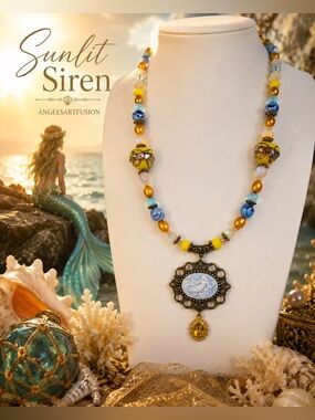 “Sunlit Siren” Mermaid Cameo Necklace with Freshwater Pearls,Vintage Glass